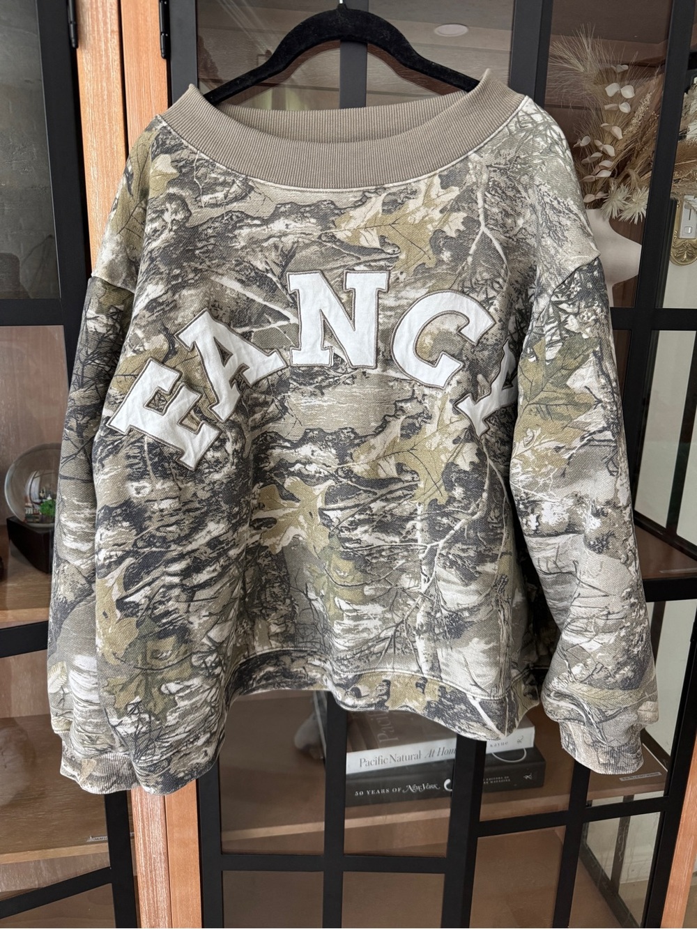 Shop FANCY Camo mock neck sweatshirt varsity patch letters parke pullover